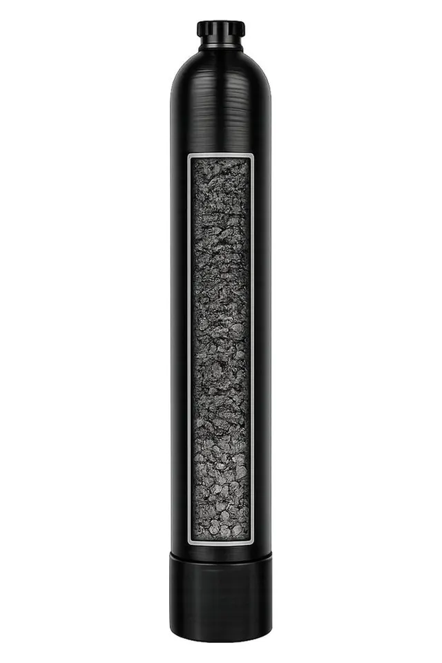 Cutaway of a whole-house carbon filter tank with carbon media over gravel