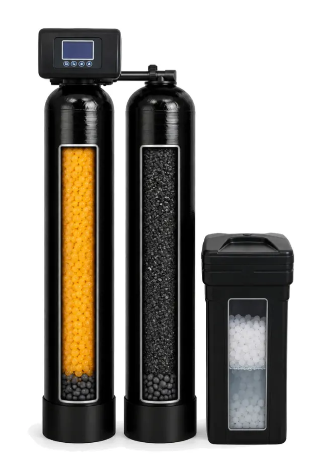 Cutaway of a dual-tank water softener with separate resin and carbon tanks