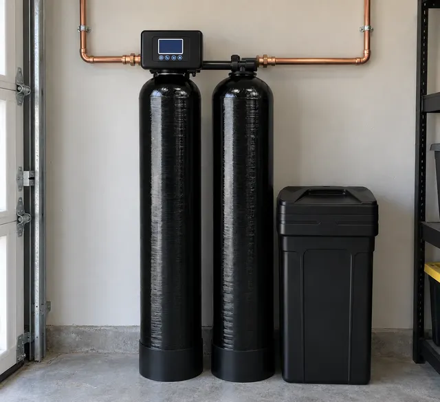 Dual-tank water softener and brine tank installed in a garage