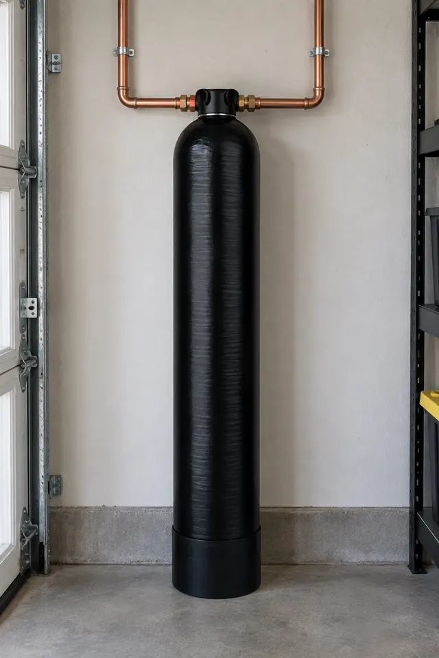 Salt-free water conditioner tank installed on copper plumbing