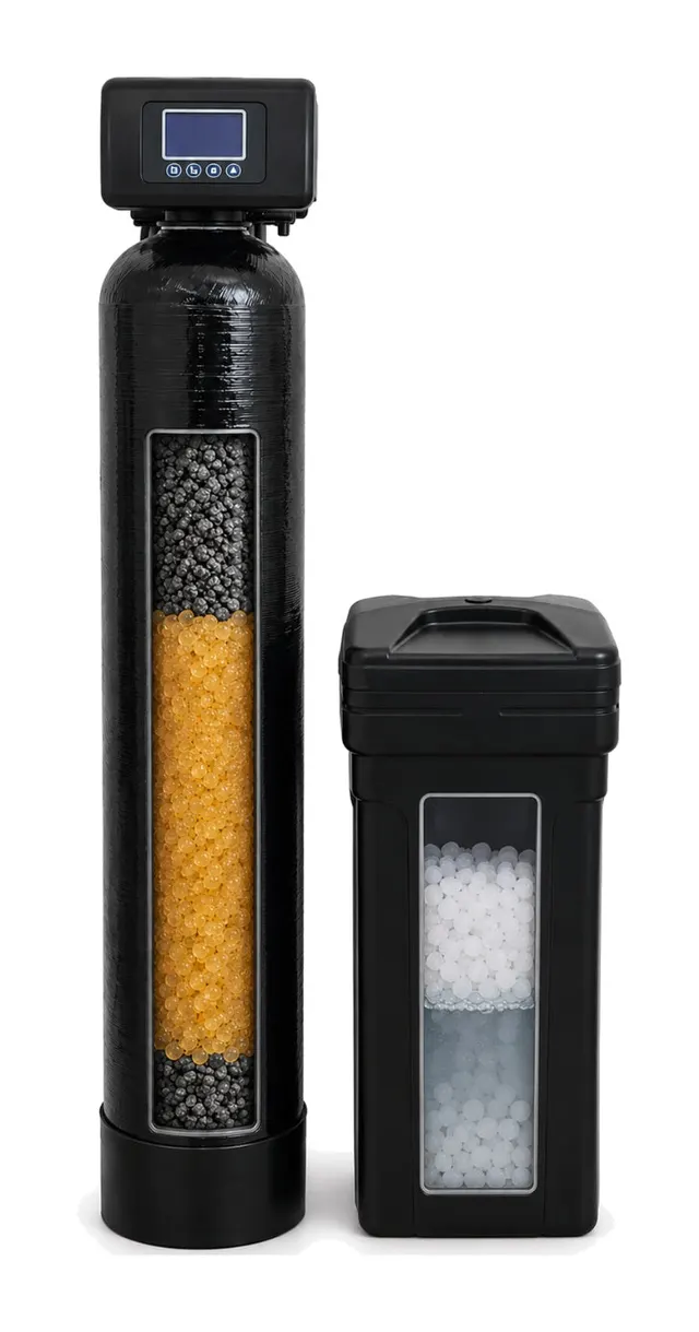 Cutaway of a single-tank water softener with softening resin and carbon