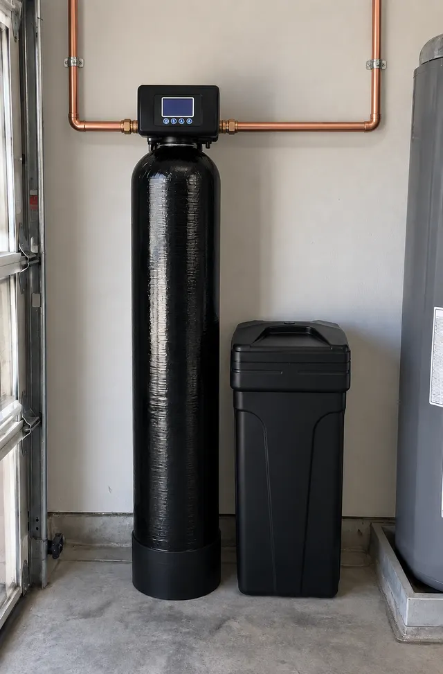 Water softener and brine tank installed on copper plumbing