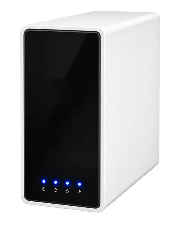 Slim tankless reverse osmosis unit with a black front panel