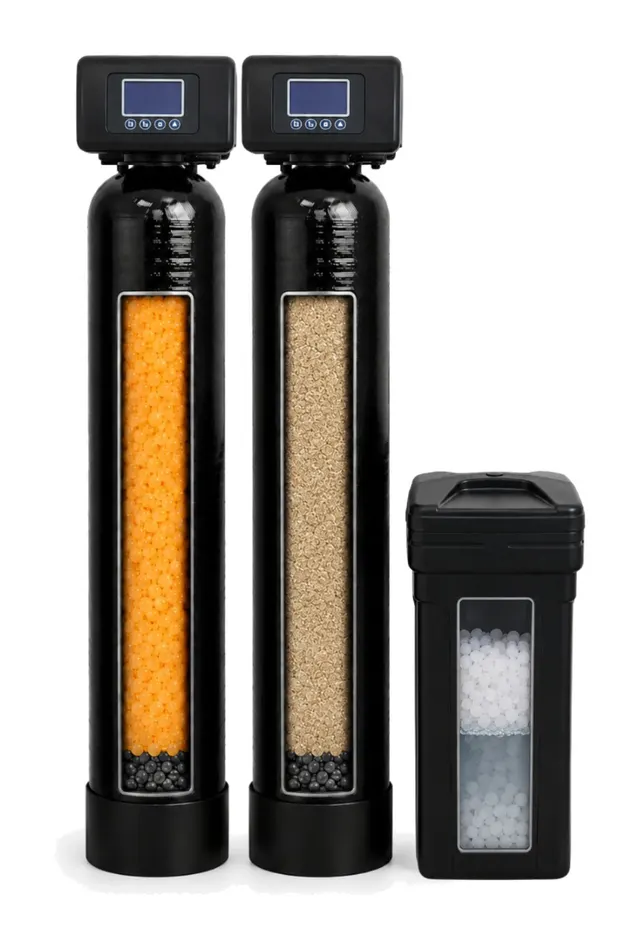 Cutaway of a dual-tank well water iron filter and softener